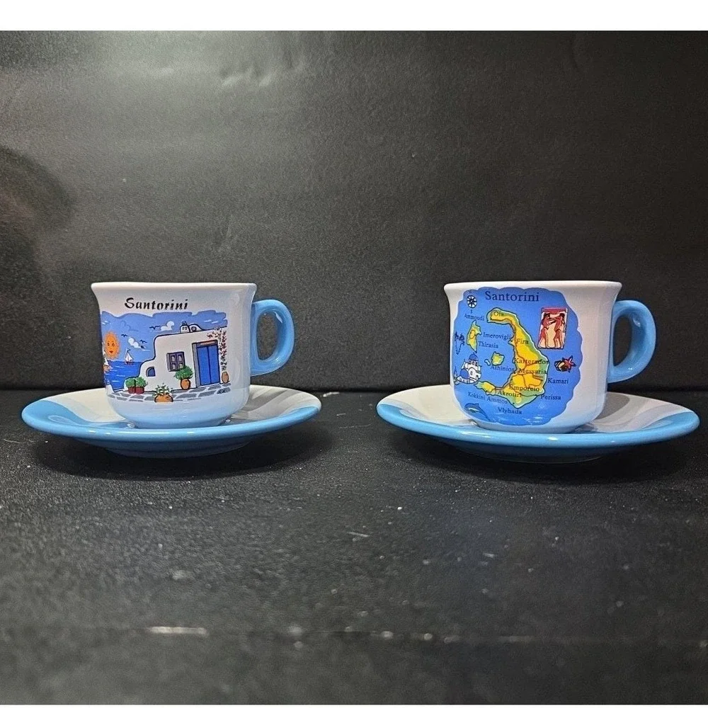 Greek Pottery Cup and Saucer Set, Santorini Coast Mug Blue White Greece Souvenir - Picture 3 of 10